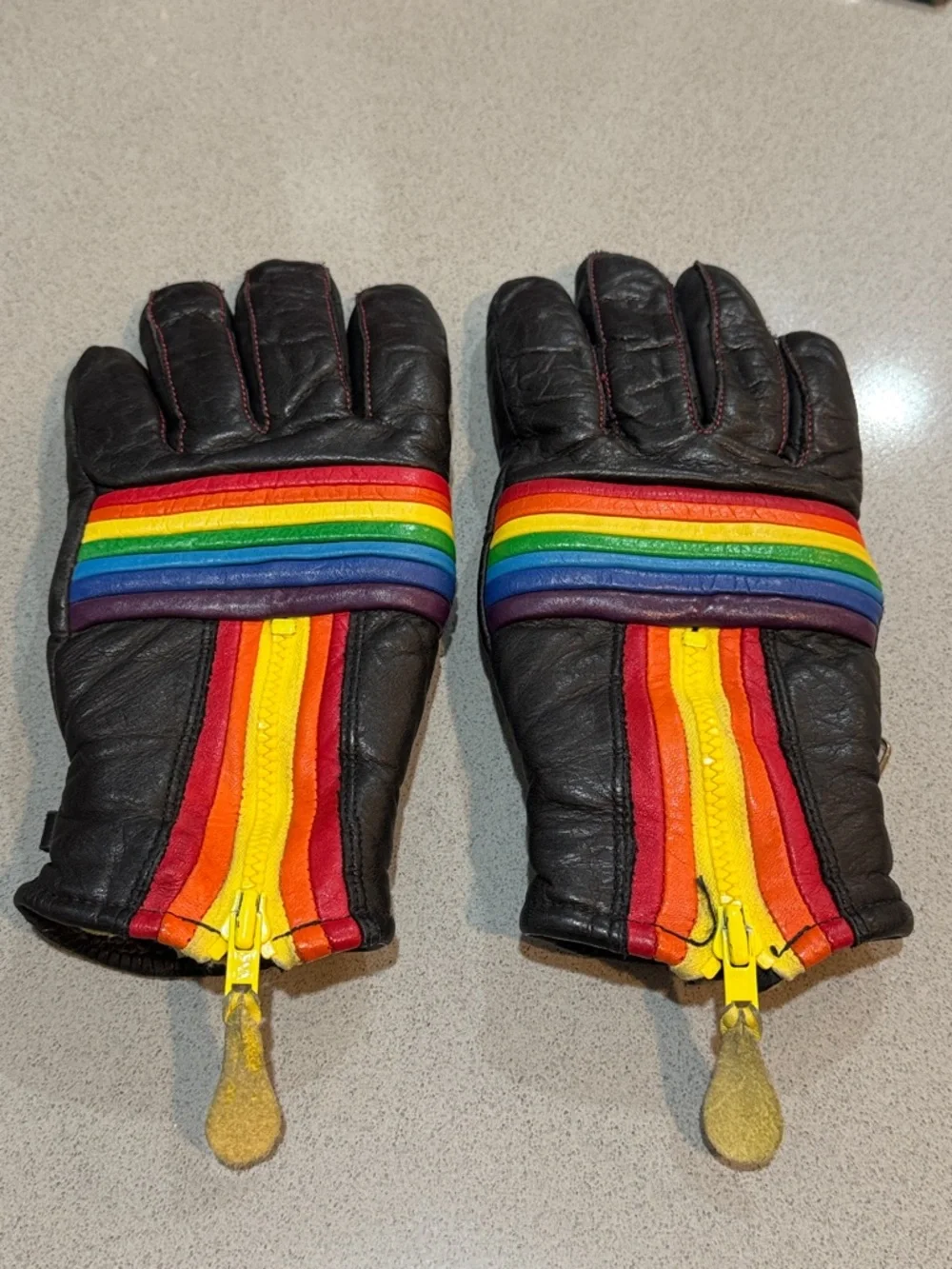 VINTAGE KOMBI RAINBOW STRIPE LEATHER SKI GLOVES BLACK RETRO 70s MADE IN JAPAN